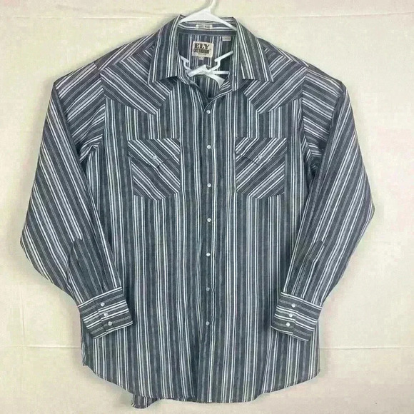 Ely Cattleman Pearl‎ Snap Western Shirt Men XLT Tall Man Striped Blue Rodeo - Picture 1 of 9